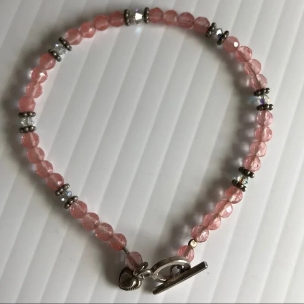 Vintage Handmade Strawberry Quartz Swarovski Crystal Sterling Silver Bracelet